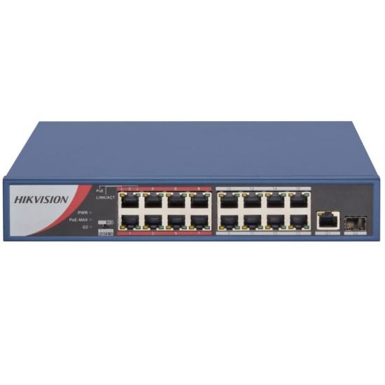 Imagen de SWITCH HIKVISION 16 PUERTOS POE 10/100 1X RJ45 GIGABIT 1X FIBRA OPTICA 