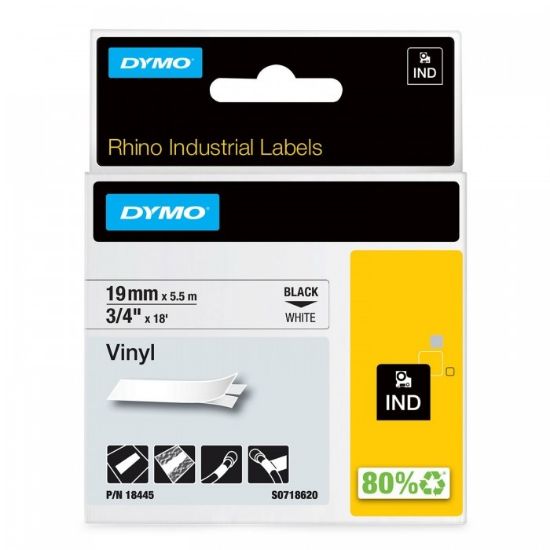 Imagen de CINTA ORIGINAL DYMO VINYL WHITE/BLACK 19MM 3/4 RHINO 18445